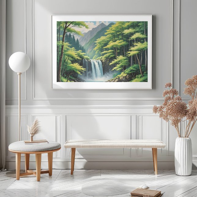Poster Cascata japonesa na natureza — pintura a óleo de s (Japanese Waterfall in Nature—Serene Oil Painting Mockup 1)