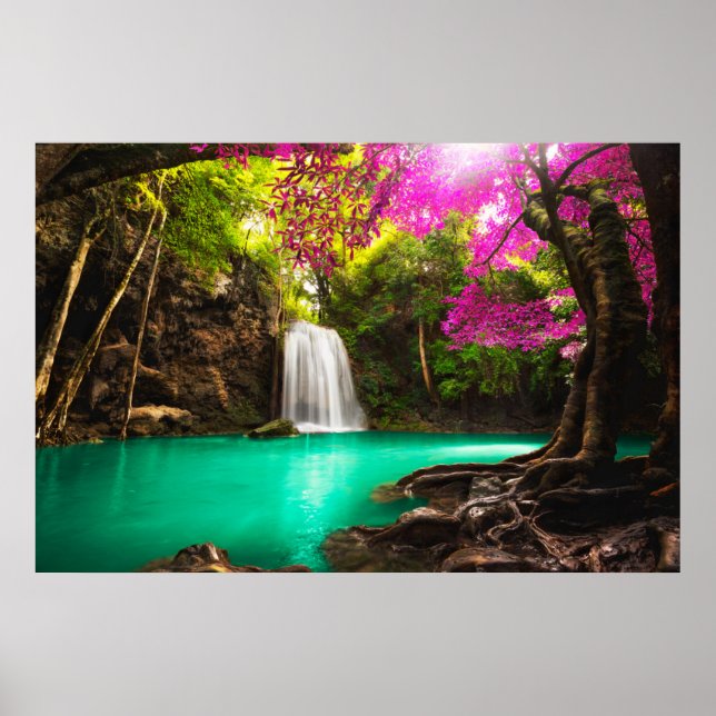 Poster Cascata na Floresta do outono (Frente)