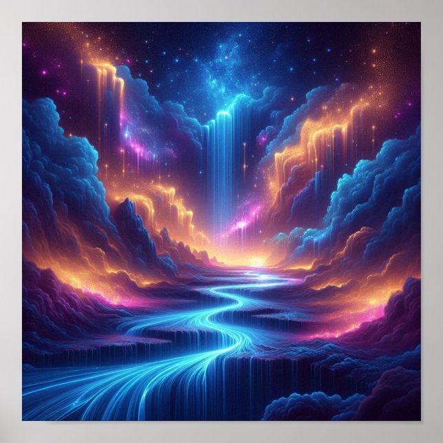 Poster Cascatas Etéreas Misturando-se com um Horizonte Es (Frente)