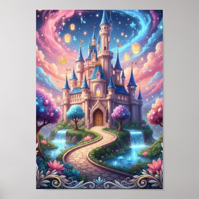 Poster Castelo Cósmico Encantado com Lanternas Flutuantes (Frente)