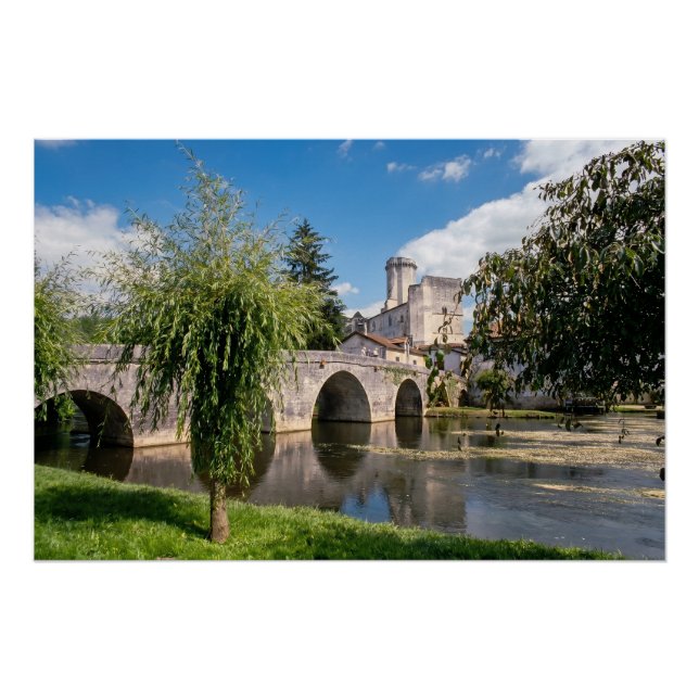 Pôster Castelo de Bourdeilles e Ponte de Pedra, França (Frente)
