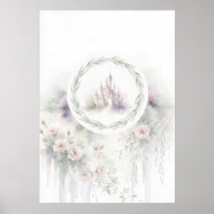Poster Castelo de Conto de Fadas Pastel com Coroa Floral 