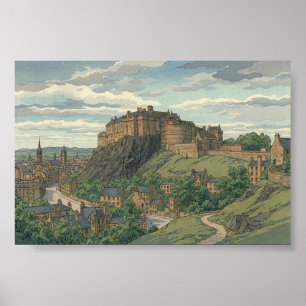 Poster Castelo de Edimburgo Gravura em Bloco de Madeira J