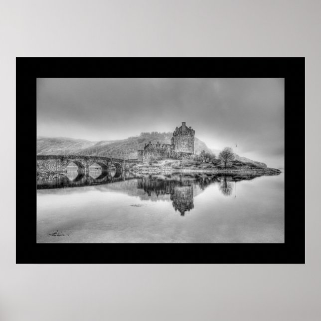 Pôster Castelo de Eilean Donan na Escócia (preto e branco (Frente)