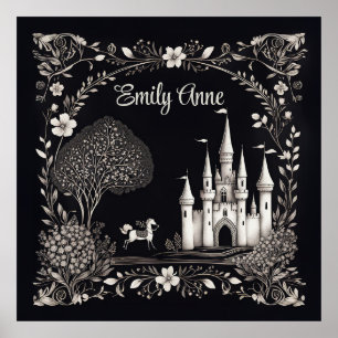 Poster Castelo de Fairytales Negro e Branco com Cavalo