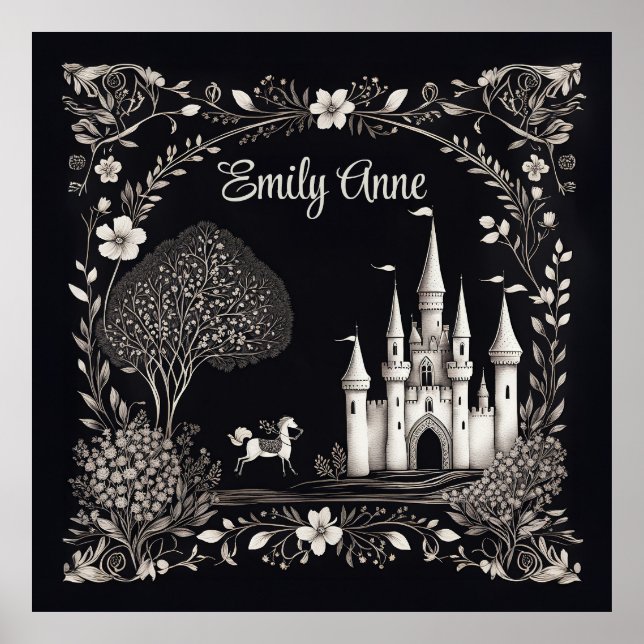 Poster Castelo de Fairytales Negro e Branco com Cavalo (Frente)