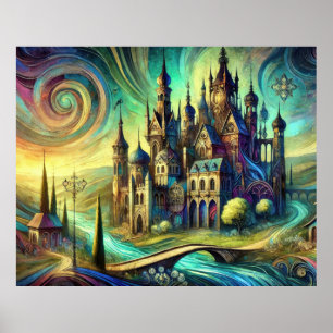 Poster Castelo de Fantasia com Céu Giratório e Rio Fluind
