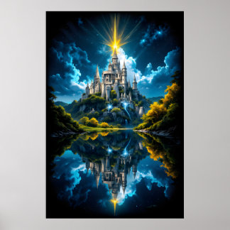 Poster Castelo de Fantasia Refletindo no Lago com Luz Mág