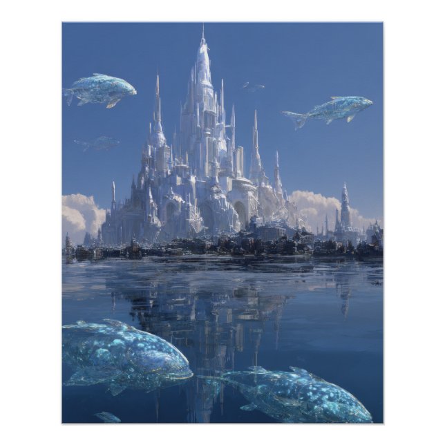 Pôster Castelo de Gelo de Cristal Com Baleias Árticas (Frente)