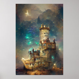 Poster Castelo De Pintura De Petróleo, Castelo Na Noite E