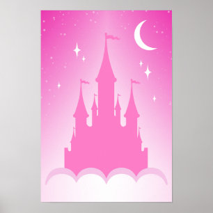 Poster Castelo De Sonho Rosa No Céu Da Lua Estrelada Das 