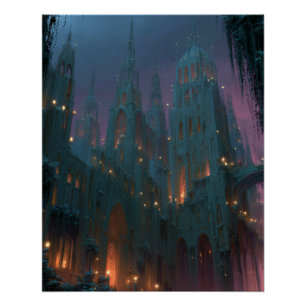 Pôster Castelo Gótico sob Arte Noturna de Fantasia Aurora
