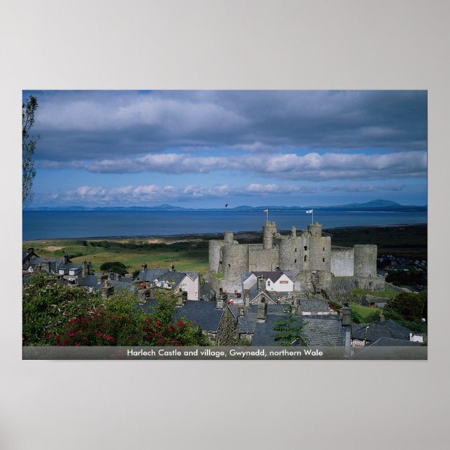 Poster Castelo Harlech e aldeia, Gwynedd, norte Wale (Frente)