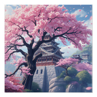 Pôster Castelo Japonês na Primavera de Flor de Cerejeira