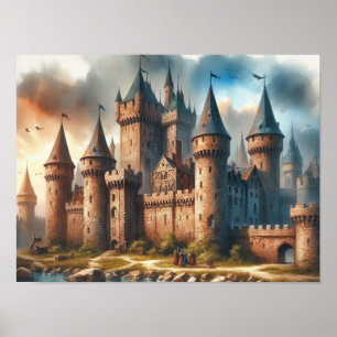 Poster Castelo medieval por um rio Tranquilo em Sunset
