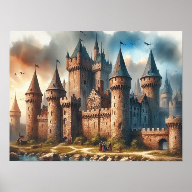 Poster Castelo medieval por um rio Tranquilo em Sunset (Frente)