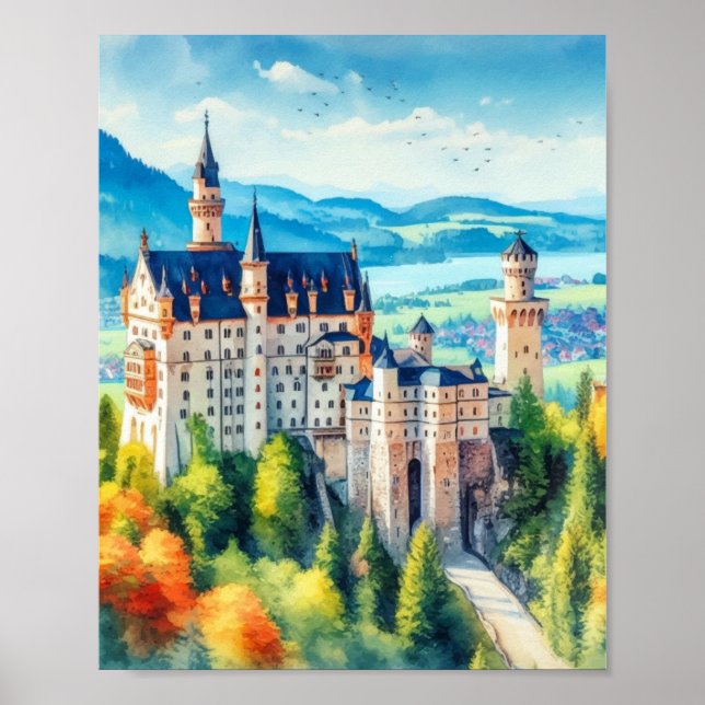 Poster Castelo Neuschwanstein Alemanha Watercolor (Frente)