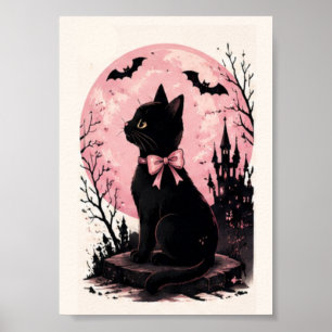 Poster Castelo Rosa Lua Cheia Gato Preto