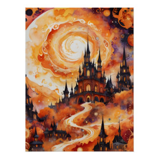 Pôster Castelo Spooky Spiral - Laranja Halloween