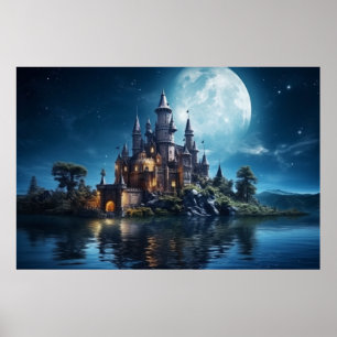 Poster Castle Moon No Lago Serene Landscape