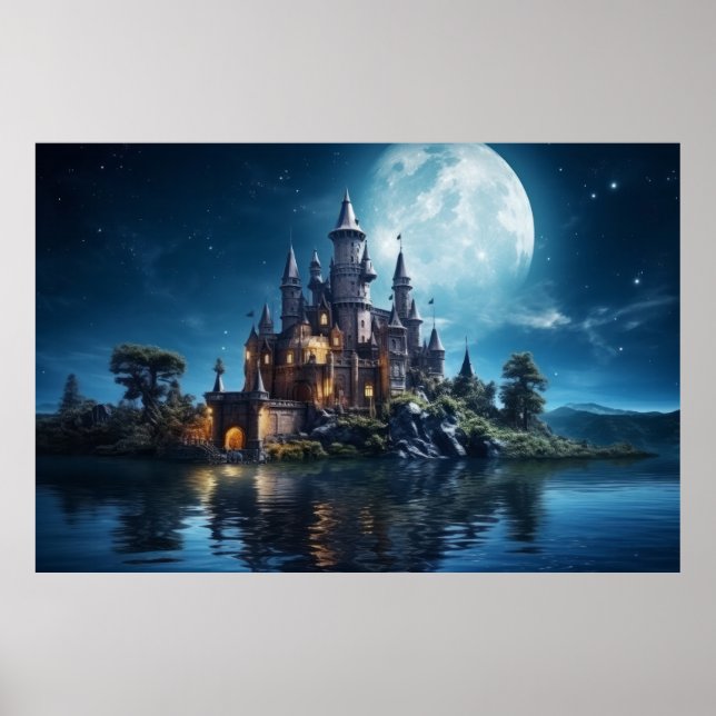Poster Castle Moon No Lago Serene Landscape (Frente)