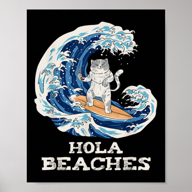 Poster Cat Beaches Engraçado Hola Cat Japonês Surfing (Frente)