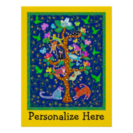 Pôster Cat Bird Tree of Life Divertida Personalizada