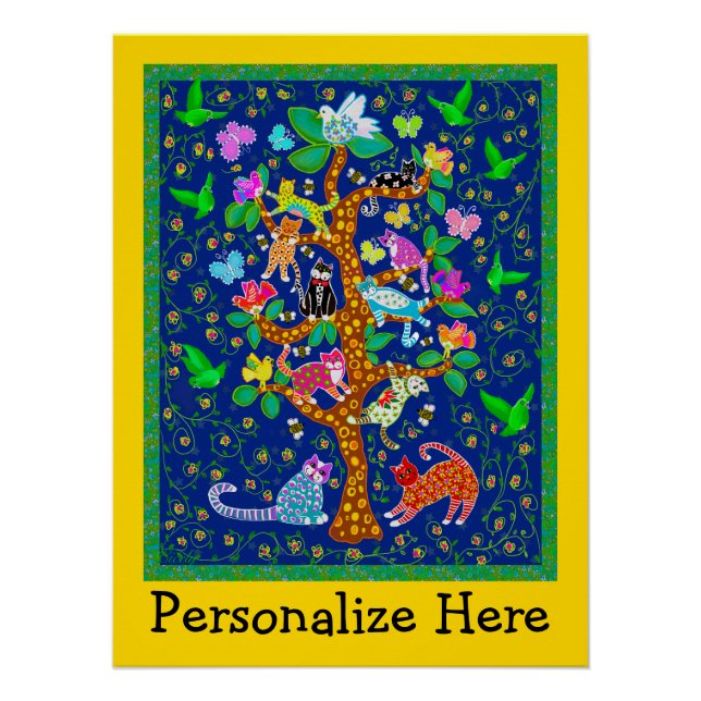 Pôster Cat Bird Tree of Life Divertida Personalizada (Frente)