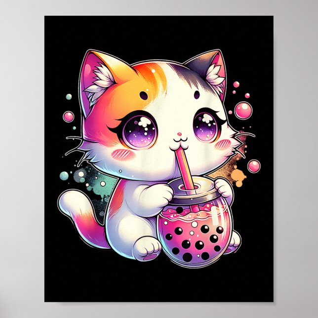 Poster Cat Boba Tea Anime Japonês Kawaii Neko Bubble Tea (Frente)