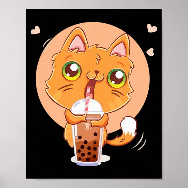 Poster Cat Boba Tea Bubble Kawaii Japanese Anime Gift Gir (Frente)