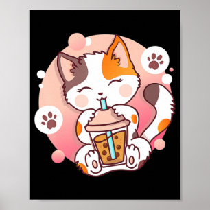 Poster Cat Boba Tea Bubble Tea Anime Kawaii Neko Girls Te