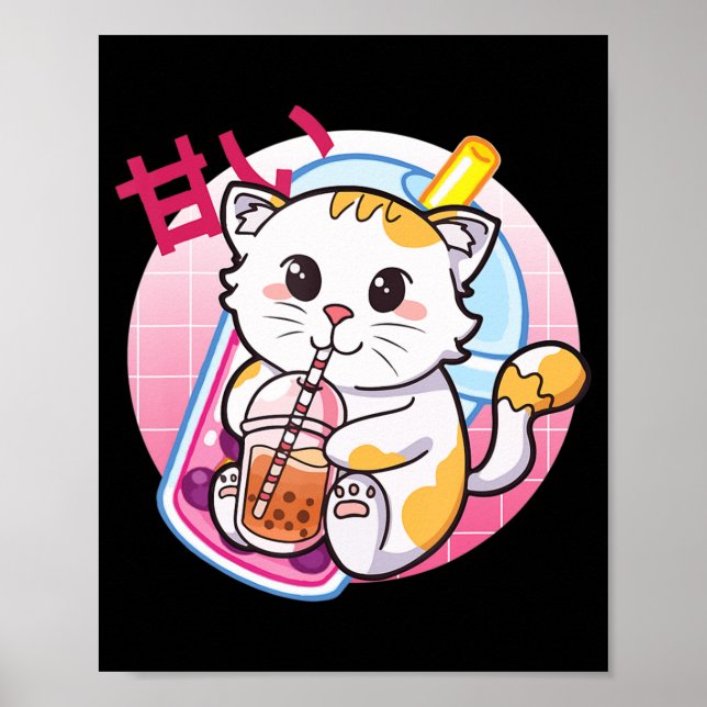 Poster Cat Boba Tea Bubble Tea Cat Anime Kawaii Nek (Frente)