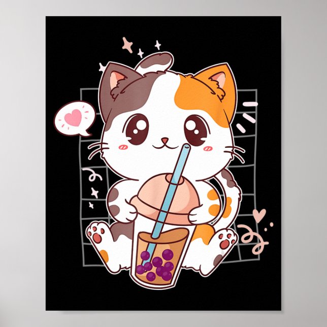 Poster Cat Boba Tea Bubble Tea Kawaii Anime Japonês Neko (Frente)