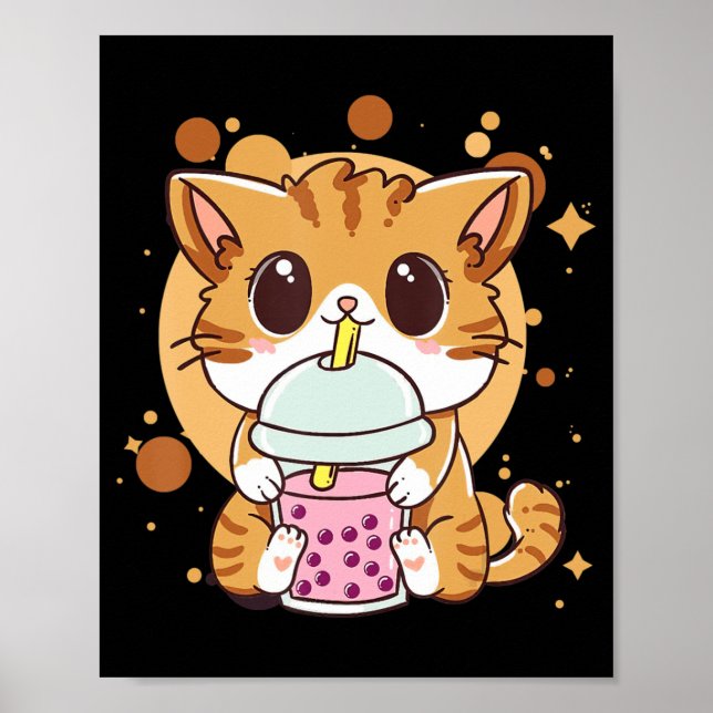 Poster Cat Boba Tea Bubble Tea Kawaii Anime Japonês Neko (Frente)