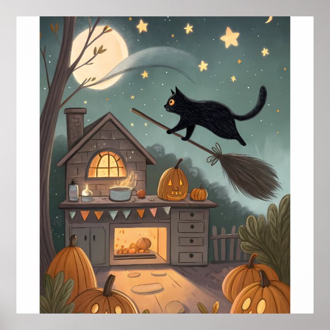 Poster Cat & Broom Duo | Magical Halloween Night (Frente)