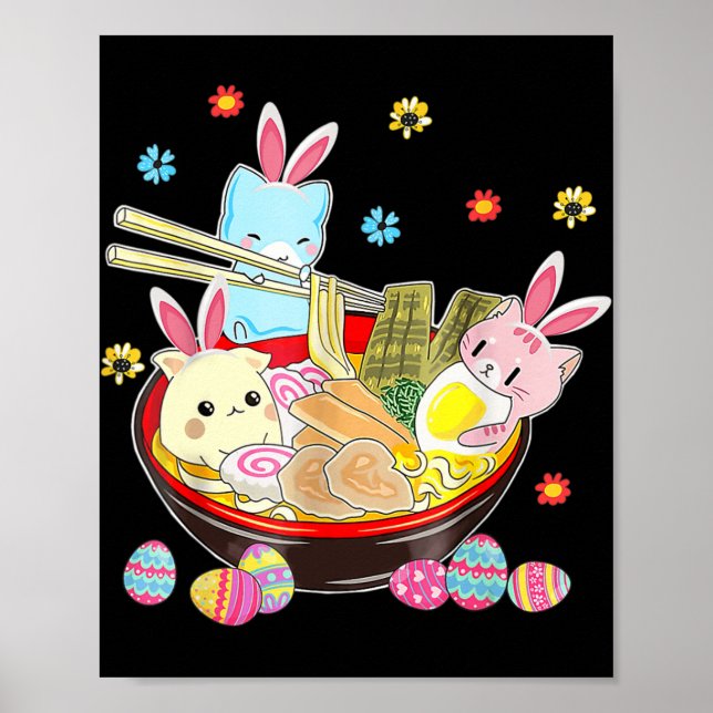 Poster Cat Bunny Ears Ramen Kawaii Páscoa Dia Animado (Frente)