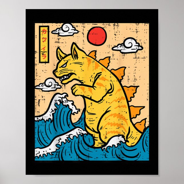 Poster Cat Catzilla Funny Japonês Wave Art Men Women Kid (Frente)