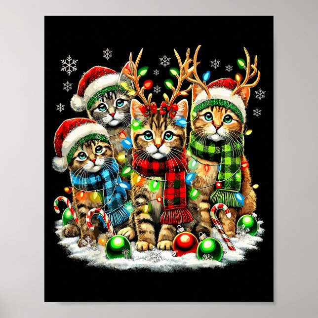 Poster Cat Christmas Light Reindeer Santa Christmas Cats  (Frente)