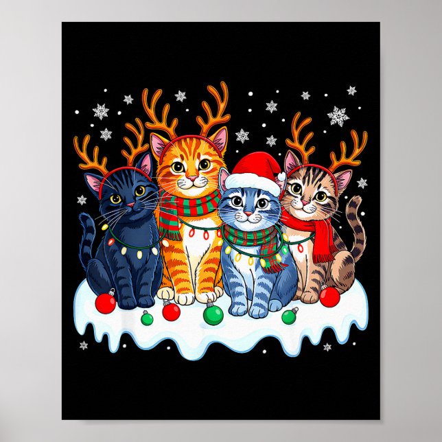 Poster Cat Christmas Light Reindeer Santa Christmas Funny (Frente)