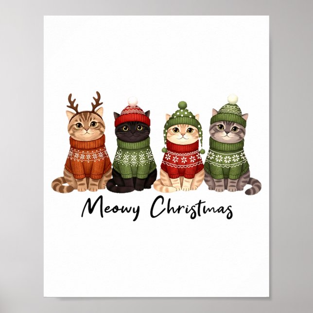 Poster Cat Christmas Light Reindeer Santa Meowy Christmas (Frente)