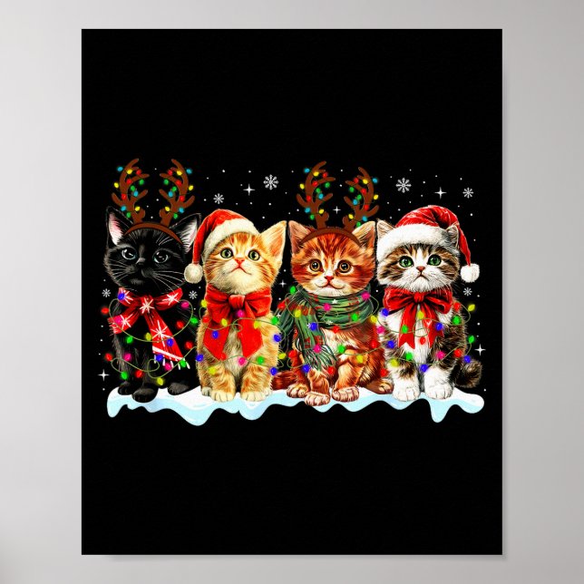 Poster Cat Christmas Lights Reindeer Santa Cat Lover Xmas (Frente)