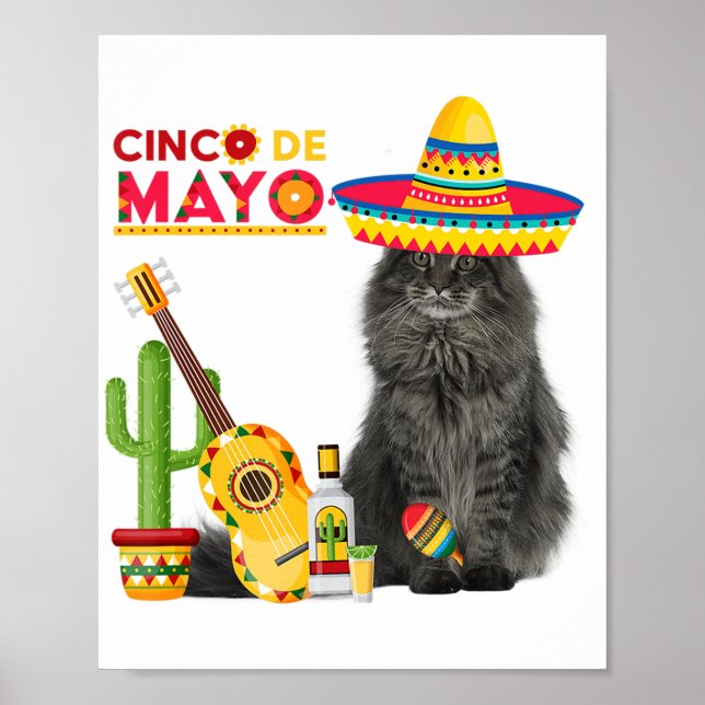 Poster Cat Cinco De Mayo Ama Bebendo De Violão Cactus (Frente)