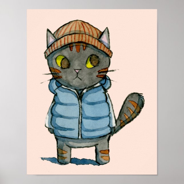 Pôster Cat com Beanie e Down Vest Watercolor (Frente)