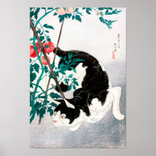 Poster Cat com Tomato Plant (1931) por Hiroaki Takahashi