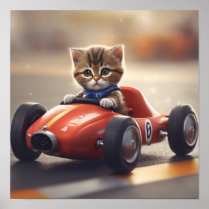 Poster Cat dirigindo um carro de corrida