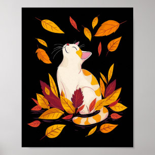 Poster Cat Fall Leaf Tree Olá Ação de Graças de outono