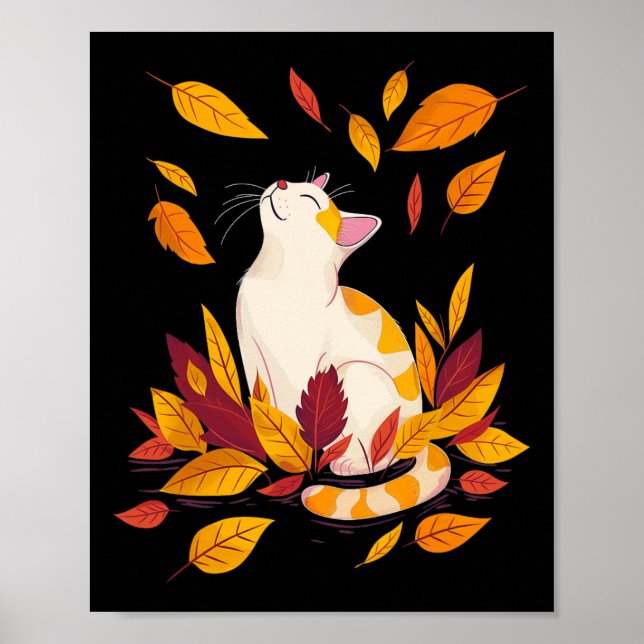 Poster Cat Fall Leaf Tree Olá Ação de Graças de outono (Frente)