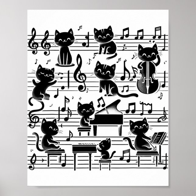 Poster Cat Gatinho Reproduzindo Música Nota Limpa Músico  (Frente)