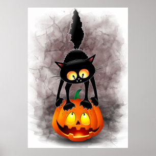 Poster Cat Halloween Personagem de desenho animado assust