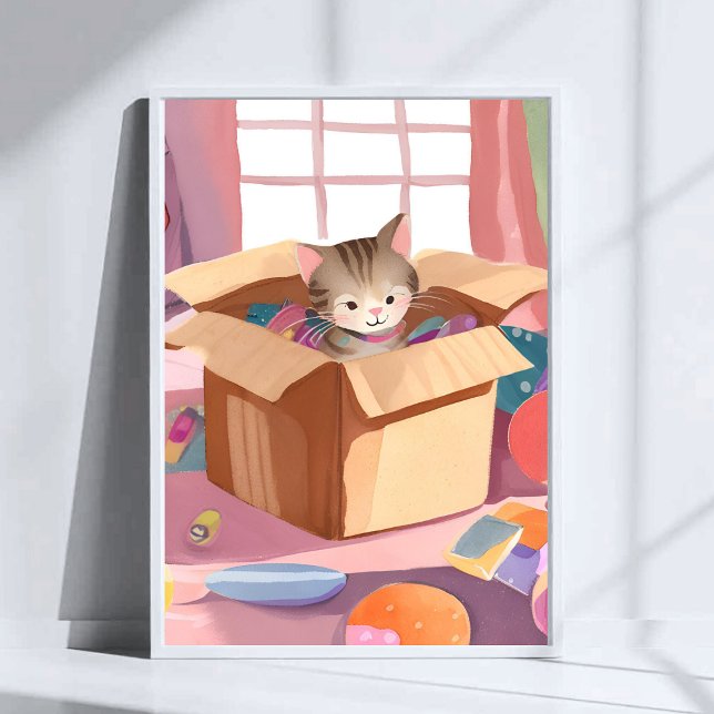 Poster Cat in Cardboard Box | Kitten Watercolor Cat Art (Criador carregado)